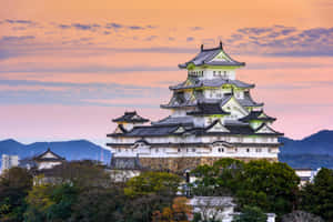 夕陽下的傳統日本城堡，背景有山和樹木。 — 日本 壁紙