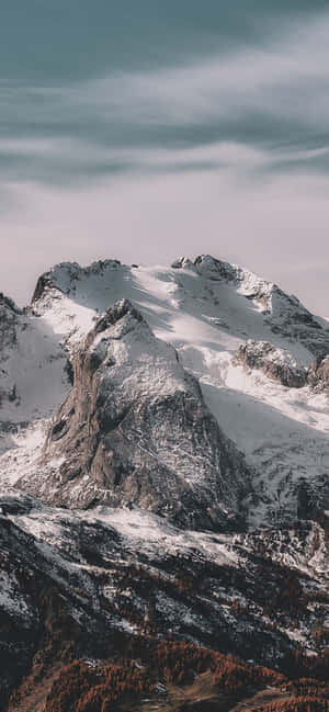 多雲天空下秋樹與雪山山峰 — Pixel 7 壁紙