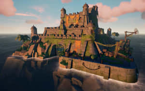 熱帶島嶼上古老的石頭堡壘在日落時分，下方有海浪拍打。 — 型格 Fortnite 壁紙