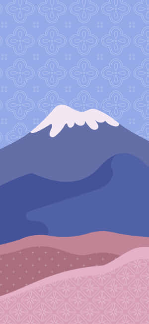 風格化的山峰，頂部積雪，在帶圖案的粉紅和藍色層之上。 — 1179x2556 壁紙