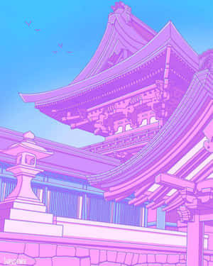 紫色日本寺廟，配有石燈籠和飛鳥，映襯著藍天。 — 柔和美學 壁紙