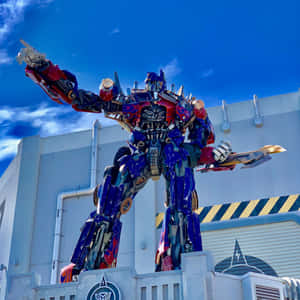 藍天下建築物前的一座巨大Optimus Prime雕像。 — 機械人 壁紙