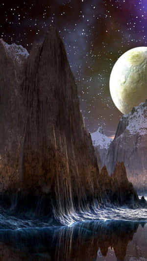 外星山脈在水面倒映，星空與巨月之下。 — 行星 壁紙