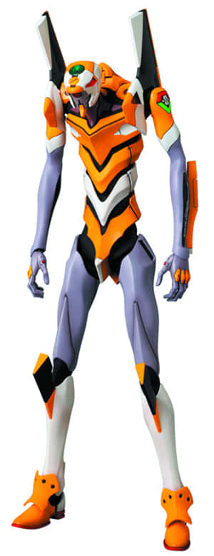 橙色和紫色 Evangelion 機甲以完整姿勢站立在白色背景前。 — 新世紀福音戰士 GIF 壁紙