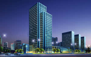現代玻璃摩天大樓在夜間於城市中亮起，配有街燈和其他建築物。 — 建築 壁紙