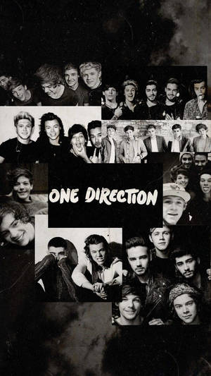 One Direction樂隊成員的黑白照片拼貼，附有樂隊名稱文字。 — 黑白 iPhone 壁紙