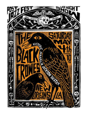 The Black Crowes在路易斯安那州紐奧良的復古演唱會海報，帶有烏鴉和頭骨圖案。 — 3:4 壁紙