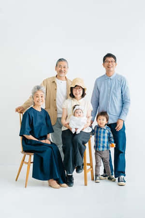 一個多代同堂的日本家庭在明亮的攝影棚環境中一起擺姿勢。