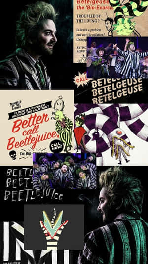 Beetlejuice 電影宣傳拼貼，角色身穿條紋服裝和陰森綠色調。 — 鋼琴 GIF 壁紙