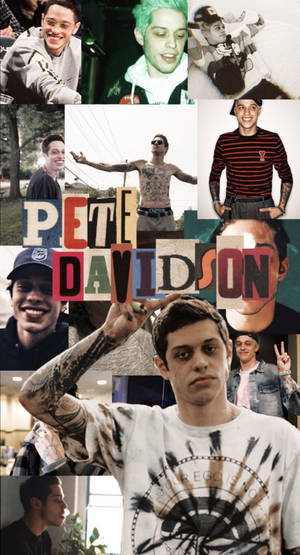 Pete Davidson 在不同姿勢和服裝中的拼貼畫，他的名字以彩色字母呈現。 — 拼貼 GIF 壁紙