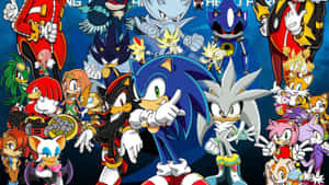 Sonic the Hedgehog 和朋友們在深藍色背景上擺出動態的動漫姿勢。 — 超音鼠 壁紙
