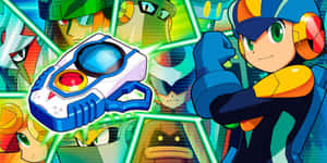 Mega Man 擺姿勢，手臂加農炮周圍環繞著發光的綠色能量和機械角色。 — 洛克人 壁紙