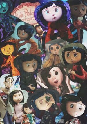 一張《Coraline》動畫角色的拼貼畫，表情豐富，服飾色彩繽紛。 — 珊瑚 壁紙
