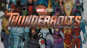 Marvel Studios 雷霆特攻隊超級英雄團隊海報，帶有粗體金屬標題和多樣化角色。 — 夜空 壁紙