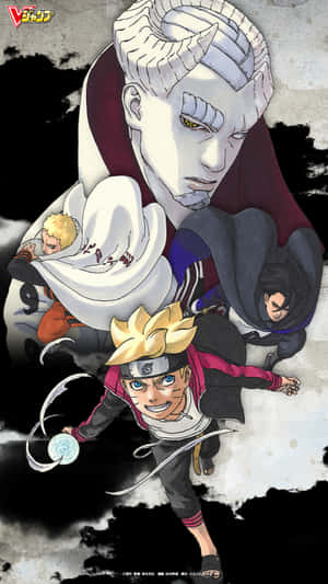 動畫角色 Boruto 和其他穿著忍者裝備的角色在黑白背景下動態擺姿勢。 — 漩渦鳴人 GIF 壁紙