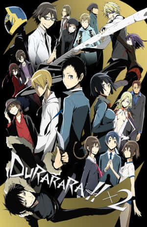 Durarara!!x2 動畫角色在金色圓形背景前擺出動態姿勢。 — 隻狼 壁紙