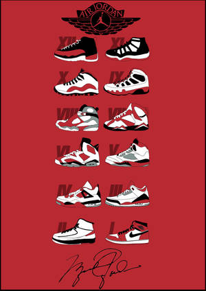 十雙Air Jordan運動鞋成對放在紅色背景上，帶有Jumpman標誌和簽名。 — Jordan 標誌 GIF 壁紙