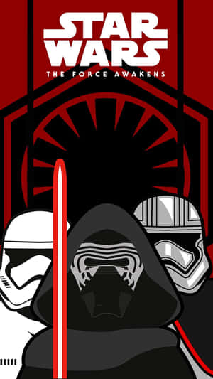 Kylo Ren 手持紅色光劍，兩側有風暴兵，在星際大戰海報中。 — 9:16 壁紙