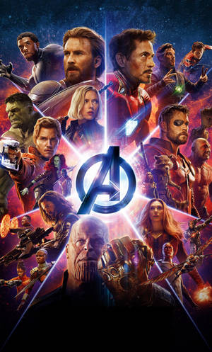 Avengers 角色在太空戰鬥中， Thanos 位於中心。 — 復仇者聯盟標誌 壁紙