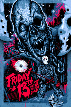 Jason Voorhees 在恐怖電影海報中手持電鋸，背景有怪獸面孔和紅色森林。 — Oppo Pad Mini 壁紙