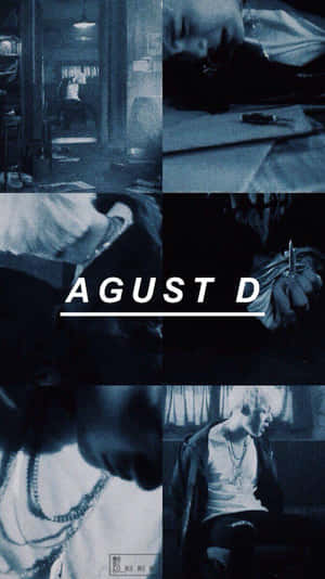 藍色調拼貼畫，昏暗房間中的人物，帶有「AGUST D」文字。 — 玩家國度 壁紙