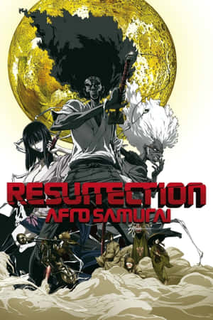 Afro Samurai 動漫海報，包含角色和金色月亮背景。 — Vivo Pad SE 壁紙