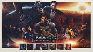 Mass Effect三部曲角色穿著太空裝甲，背景是熾熱的宇宙場景。 — 史詩 壁紙
