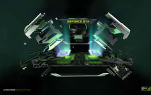 GeForce GTX顯示卡分解圖，帶有發光的綠色組件。 — 4K 遊戲 壁紙
