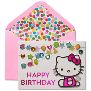 Hello Kitty生日卡，配有粉紅色信封和色彩繽紛的裝飾 — 生日蛋糕 壁紙