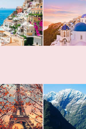 四個風景優美的旅遊目的地：意大利海岸、希臘島嶼、秋天的艾菲爾鐵塔和雪山。