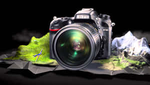 Nikon D7100相機與鏡頭在破碎地形上反射綠光，有山脈和飛機。