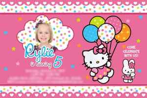Hello Kitty和一個女孩用彩色氣球慶祝五歲生日。 — 生日蛋糕 壁紙