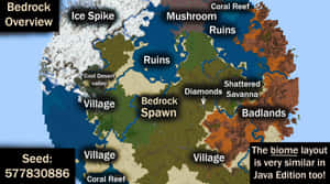 Minecraft Bedrock世界地圖，帶有標記的生物群落和重生點 — 我的世界 壁紙