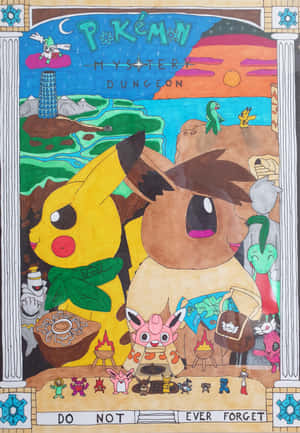 Pokémon Mystery Dungeon 海報，比卡超、伊貝和其他寶可夢在奇幻場景中。 — IQOO Pad5c 壁紙