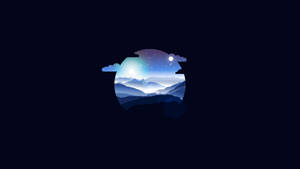 圓形窗戶框住繁星點點的夜空下帶有發光月亮的山脈。