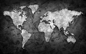 裂開嘅世界地圖疊加喺復古貨幣拼貼上，灰階呈現。 — 世界地圖 壁紙