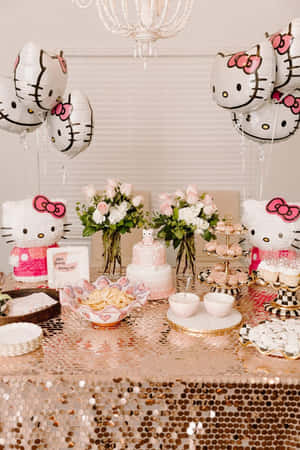 Hello Kitty主題派對桌，配有粉紅色蛋糕、氣球和鮮花。 — Hello kitty 美學 GIF 壁紙