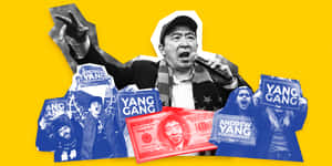 安德魯·楊與支持者一起競選，他們舉著標語牌和一張印有他頭像的美元鈔票。 — 祖寇 壁紙