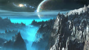 在宇宙天空下，外星山脈伴隨著發光的星系和遙遠的行星。