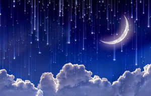 新月與流星在柔軟雲朵之上的魔法夜空。 — 夜空 壁紙