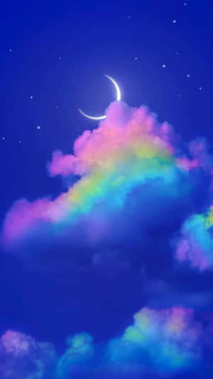 在繁星點點的夜空下，新月下方的鮮豔彩虹雲。 — 唯美雲朵動態 壁紙