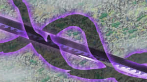 一把紫色能量劍從上方切過奇幻地形。 — 戰士 壁紙