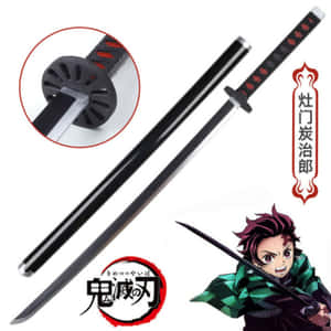 Demon Slayer角色炭治郎揮舞著一把帶有黑色和紅色刀柄及標誌的刀。 — 竈門禰豆子 壁紙