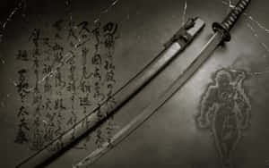 傳統日本武士刀，帶有書法和武士鬼影，置於舊紙上。 — 武士 壁紙