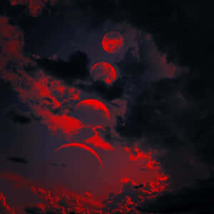 四個紅色月亮穿過黑暗的暴風雲在超現實的夜空中升起。 — 紅色美學 壁紙