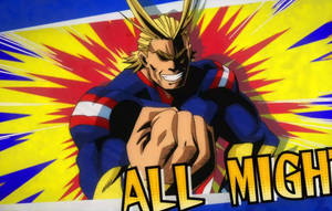 動漫超級英雄 All Might 以強力出拳姿勢，背景爆炸。