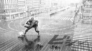 動漫英雄在雨中的城市街道上戰鬥，可見單車和斑馬線。