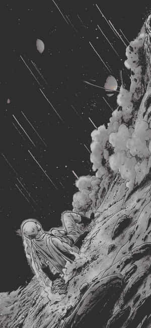 太空人在太空中緊貼峭壁，流星和月亮漂浮而過。