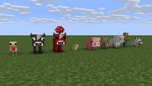 Minecraft角色和動物站在草地上，背景是方塊狀的天空。 — 我的世界 壁紙