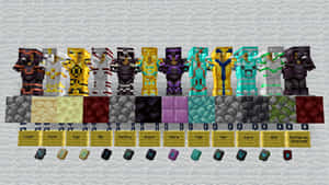 Minecraft盔甲套裝，帶有紋理名稱和附魔書，以網格顯示。